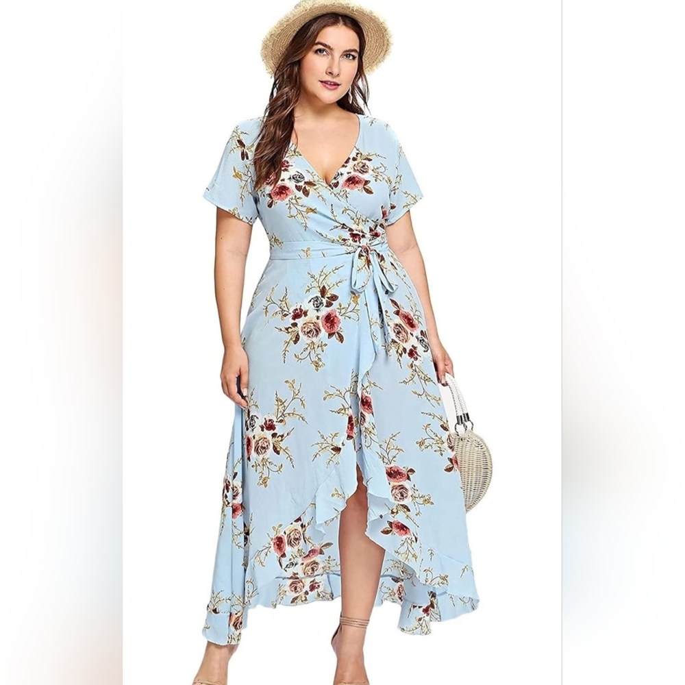 YOINS Womens Floral Wrap Maxi Dress Sky Blue Short Sleeve Belted Ruffle XL‎